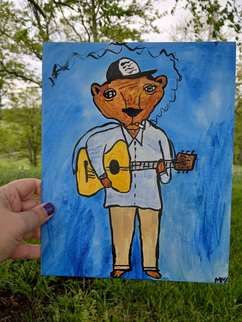 Bear Playing Guitar Painting Folk Art